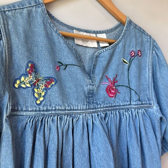 Victorian Era Jean Dress Denim Embroidered Floral Butterfly - Picture 2 of 7